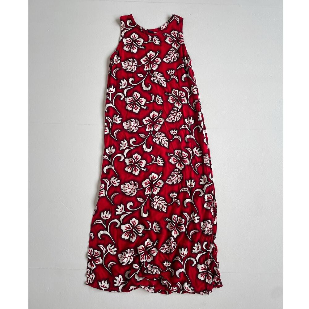 Vtg 90s Red Hibiscus Floral Sleeveless Rayon Maxi Dress S Hawaii Surf Tropical